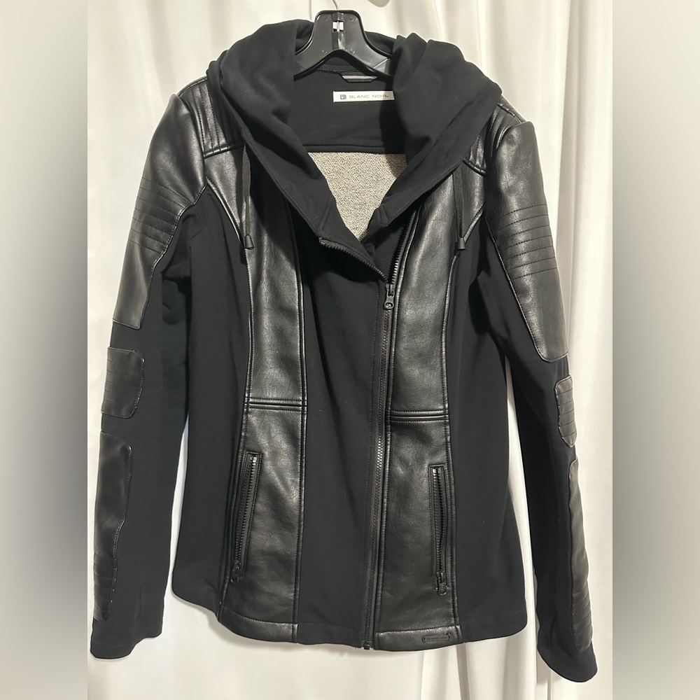 Blanc Noir Black Hooded Moto Style Jacket - Picture 8 of 9